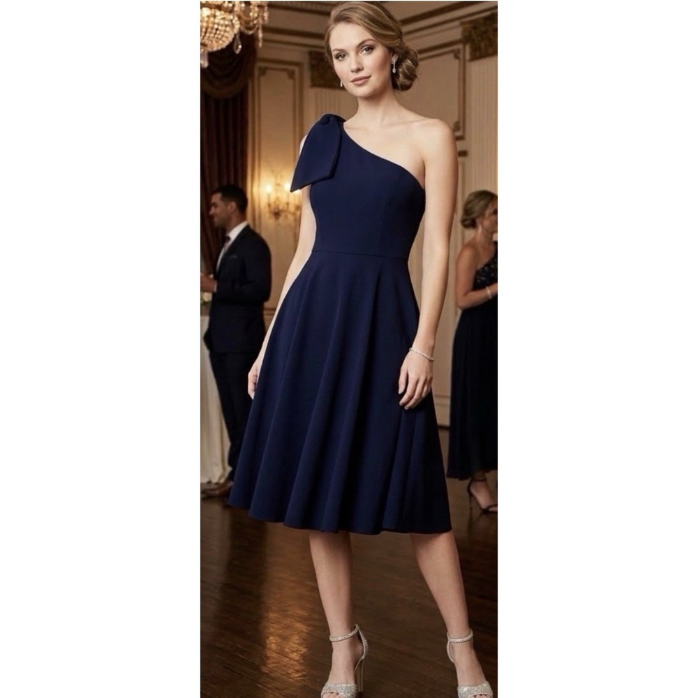 Nwt Gal Meets Glam Yvonne Dress Size 6 Navy Blue One Shoulder Pockets Fit Flare
